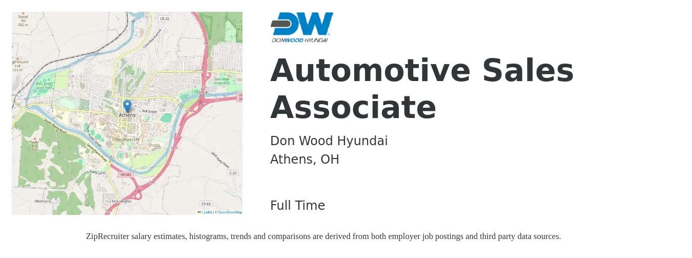 Don Wood Hyundai job posting for a Automotive Sales Associate in Athens, OH with a salary of $13 to $20 Hourly with a map of Athens location.