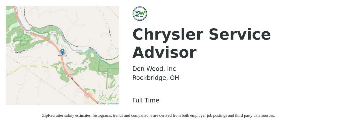 Don Wood, Inc job posting for a Chrysler Service Advisor in Rockbridge, OH with a salary of $18 to $28 Hourly with a map of Rockbridge location.