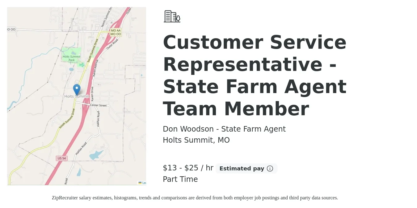 Don Woodson - State Farm Agent job posting for a Customer Service Representative - State Farm Agent Team Member in Holts Summit, MO with a salary of $14 to $26 Hourly with a map of Holts Summit location.