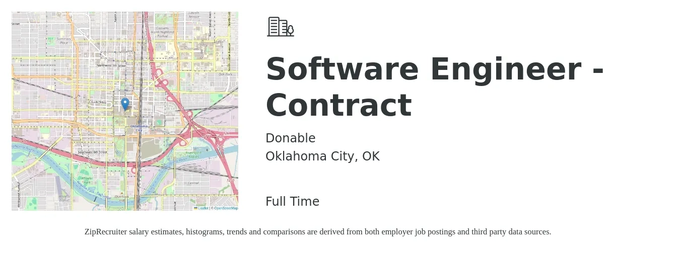 Donable job posting for a Software Engineer - Contract in Oklahoma City, OK with a salary of $113,500 to $163,700 Yearly with a map of Oklahoma City location.