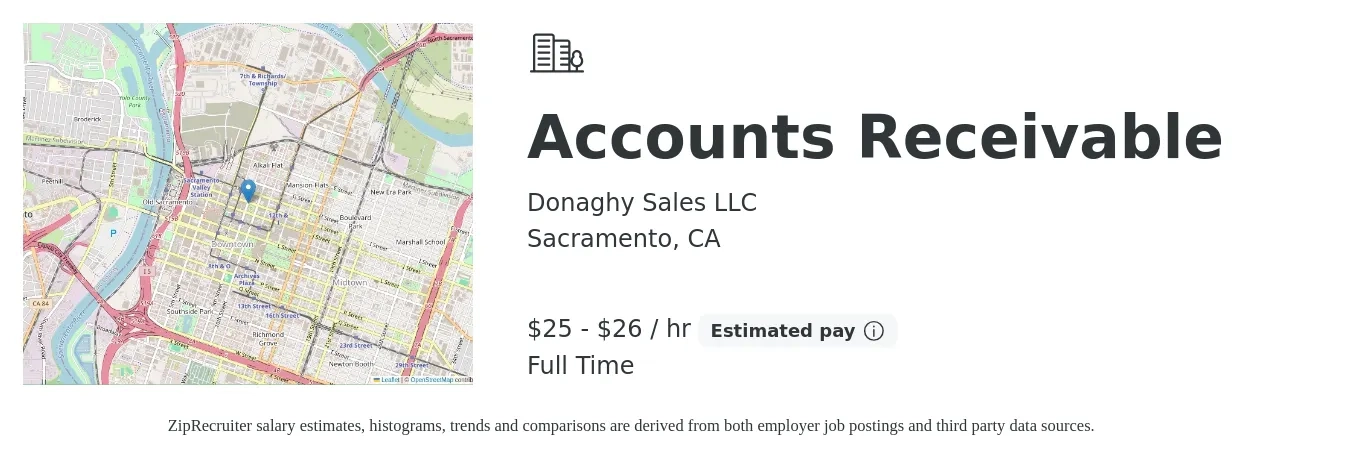 Donaghy Sales LLC job posting for a Accounts Receivable in Sacramento, CA with a salary of $26 to $28 Hourly with a map of Sacramento location.