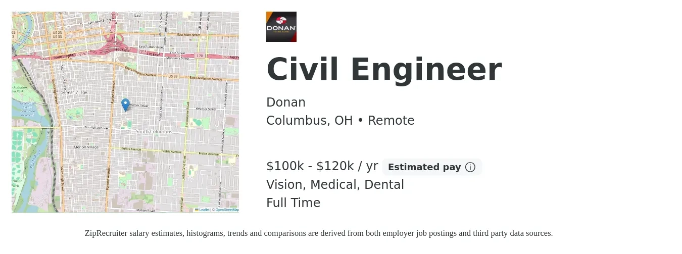 Donan job posting for a Civil Engineer in Columbus, OH with a salary of $100,000 to $120,000 Yearly and benefits including 401k, dental, life_insurance, medical, and vision with a map of Columbus location.