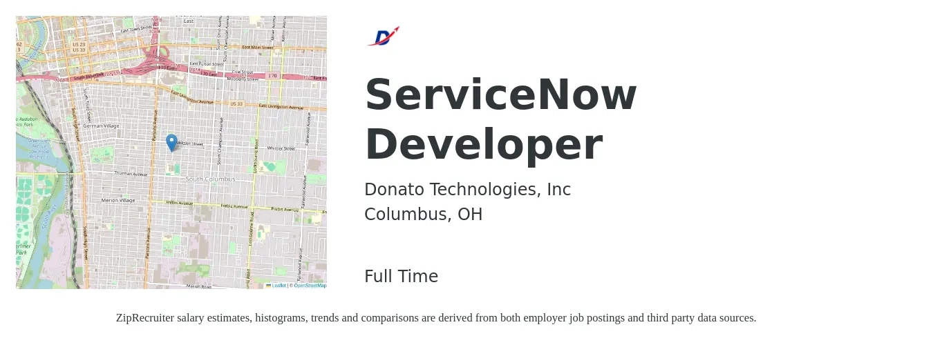 Donato Technologies Inc job posting for a ServiceNow Developer in Columbus, OH with a salary of $51 to $70 Hourly with a map of Columbus location.