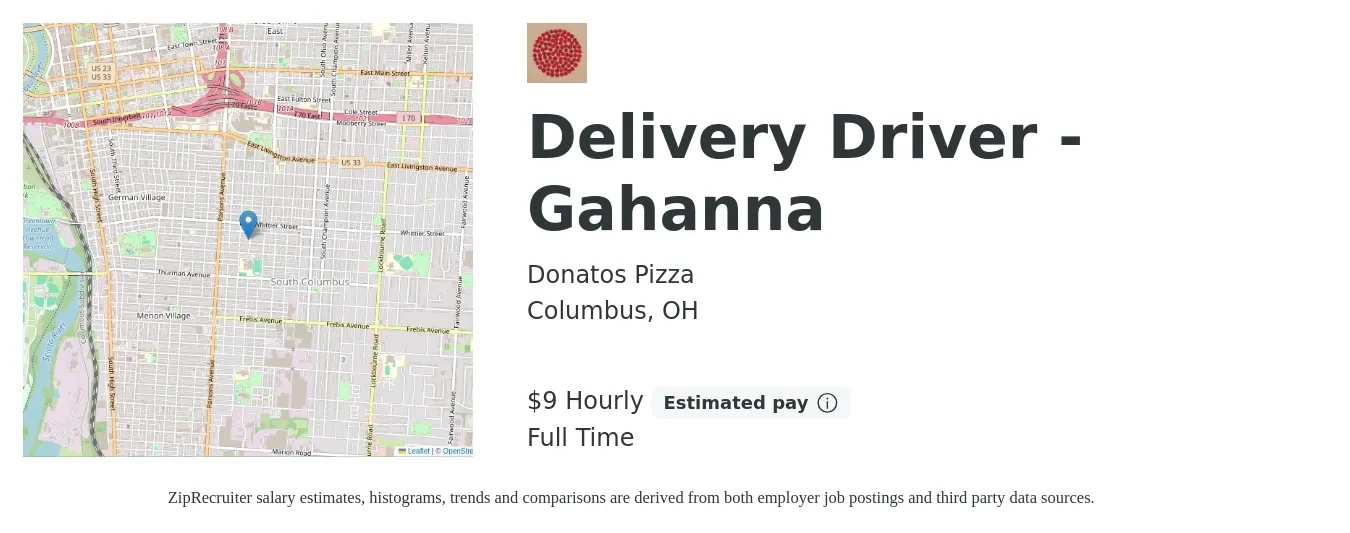 Donatos Pizza job posting for a Delivery Driver - Gahanna in Columbus, OH with a salary of $10 Hourly with a map of Columbus location.