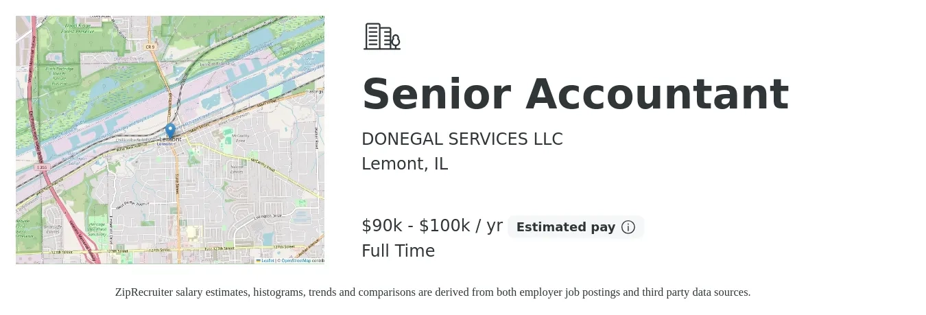 DONEGAL SERVICES LLC job posting for a Senior Accountant in Lemont, IL with a salary of $90,000 to $100,000 Yearly with a map of Lemont location.