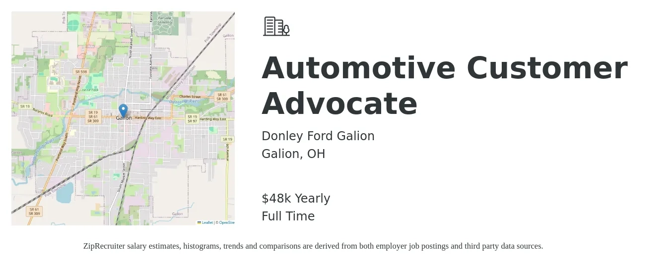 Donley Ford Galion job posting for a Automotive Customer Advocate in Galion, OH with a salary of $48,000 Yearly with a map of Galion location.