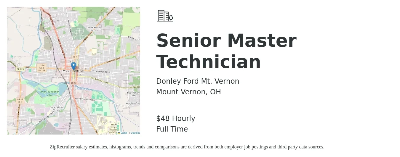 Donley Ford Mt. Vernon job posting for a Senior Master Technician in Mount Vernon, OH with a salary of $50 Hourly with a map of Mount Vernon location.