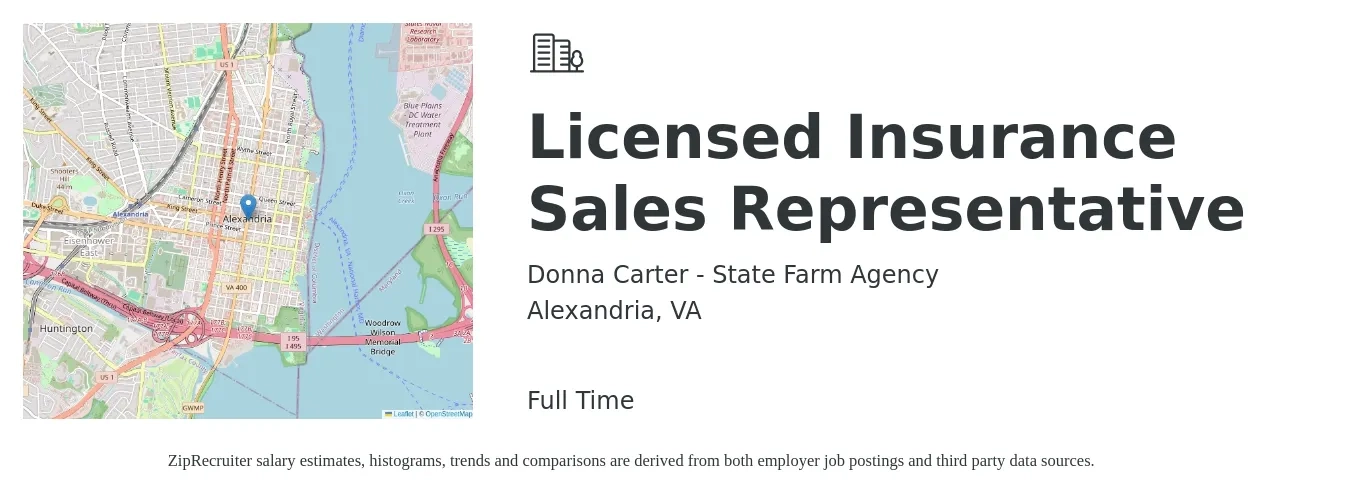 Donna Carter - State Farm Agency job posting for a Licensed Insurance Sales Representative in Alexandria, VA with a salary of $48,200 to $119,300 Yearly with a map of Alexandria location.