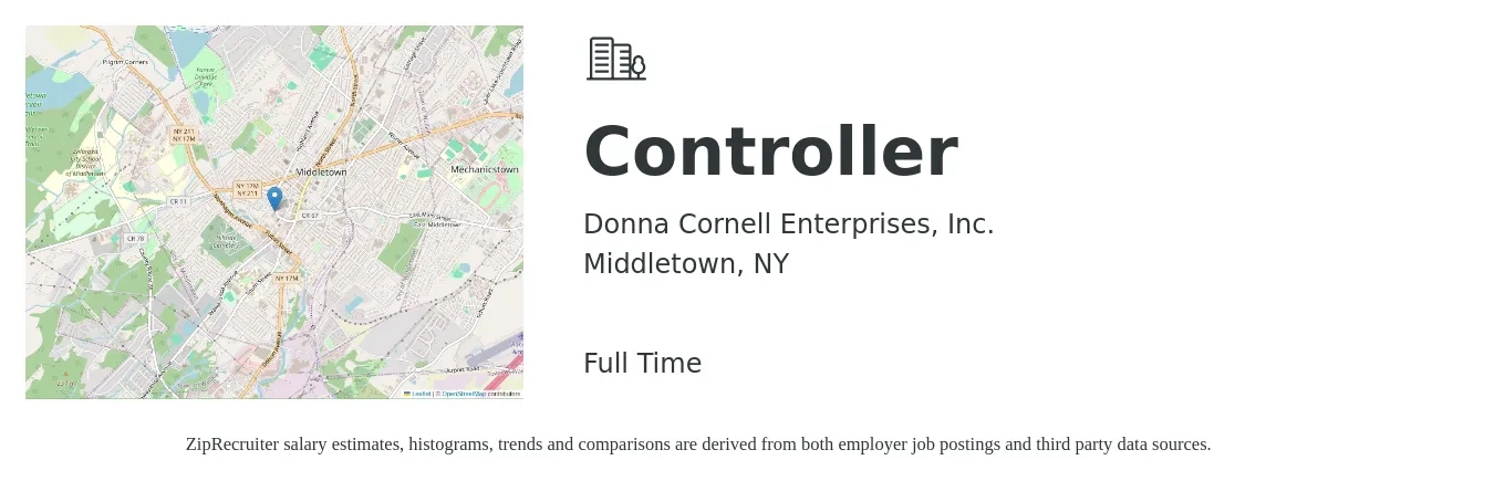 Donna Cornell Enterprises, Inc. job posting for a Controller in Middletown, NY with a salary of $97,400 to $139,100 Yearly with a map of Middletown location.