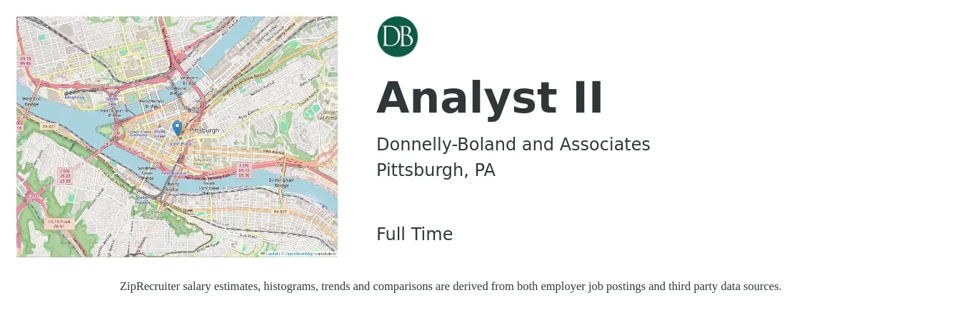 Donnelly-Boland and Associates job posting for a Analyst II in Pittsburgh, PA with a salary of $29 to $40 Hourly with a map of Pittsburgh location.