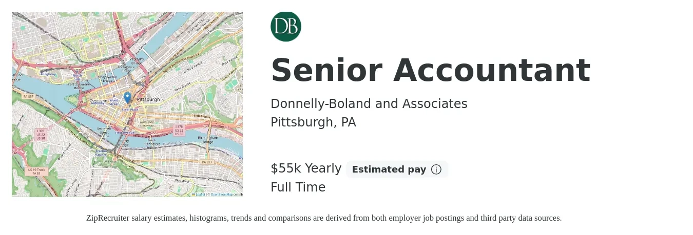 Donnelly-Boland and Associates job posting for a Senior Accountant in Pittsburgh, PA with a salary of $55,000 Yearly with a map of Pittsburgh location.
