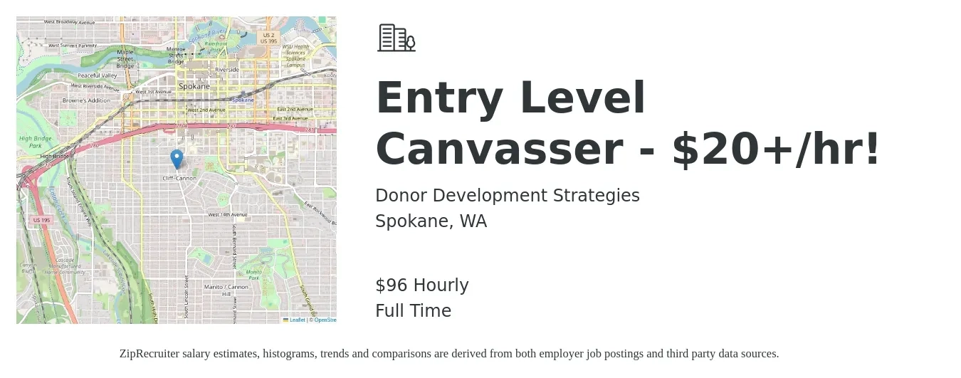 Donor Development Strategies job posting for a Entry Level Canvasser - $20+/hr! in Spokane, WA with a salary of $100 Hourly with a map of Spokane location.