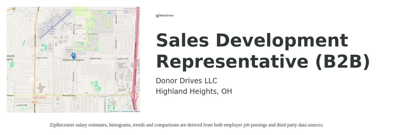 Donor Drives LLC job posting for a Sales Development Representative (B2B) in Highland Heights, OH with a salary of $42,200 to $61,300 Yearly with a map of Highland Heights location.