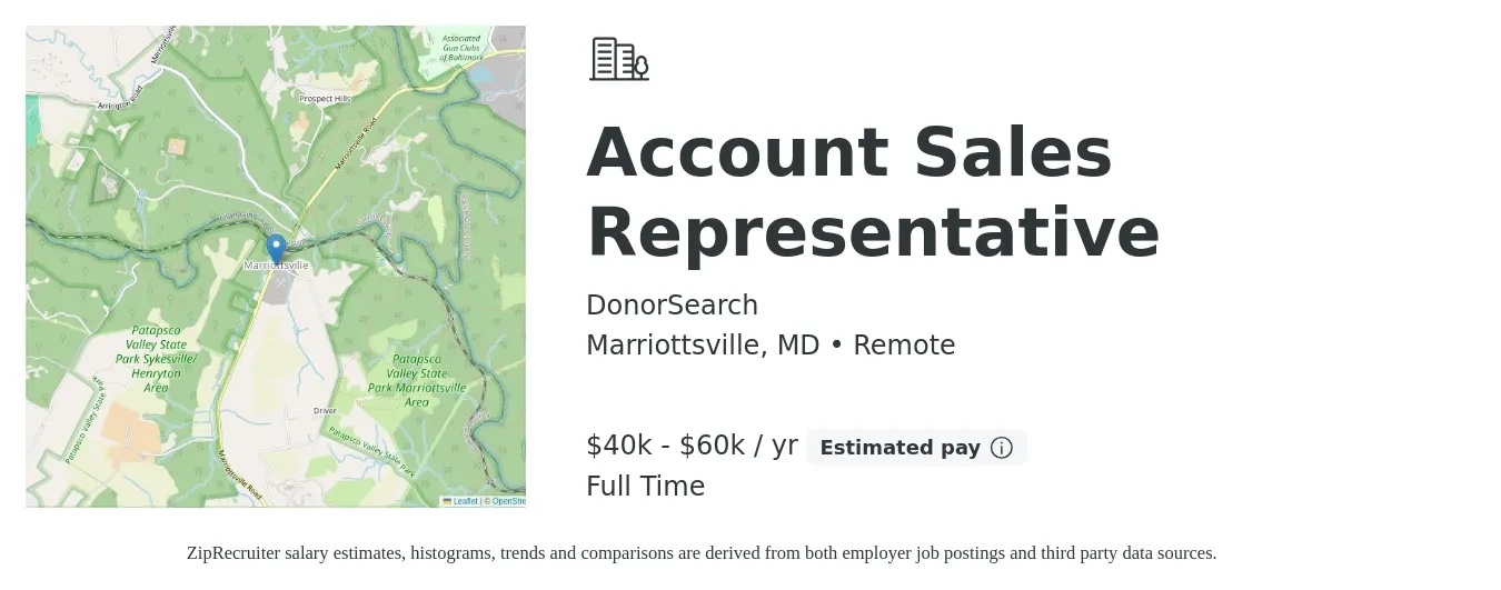 DonorSearch job posting for a Account Sales Representative in Marriottsville, MD with a salary of $40,000 to $60,000 Yearly with a map of Marriottsville location.