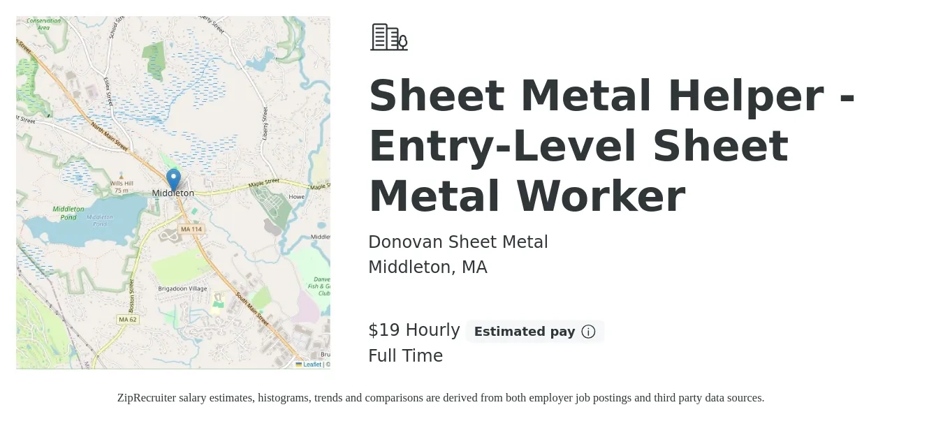Donovan Sheet Metal job posting for a Sheet Metal Helper - Entry-Level Sheet Metal Worker in Middleton, MA with a salary of $20 Hourly with a map of Middleton location.
