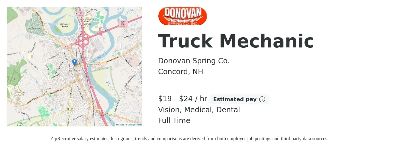 Donovan Spring Co. job posting for a Truck Mechanic in Concord, NH with a salary of $20 to $25 Hourly and benefits including dental, life_insurance, medical, retirement, and vision with a map of Concord location.