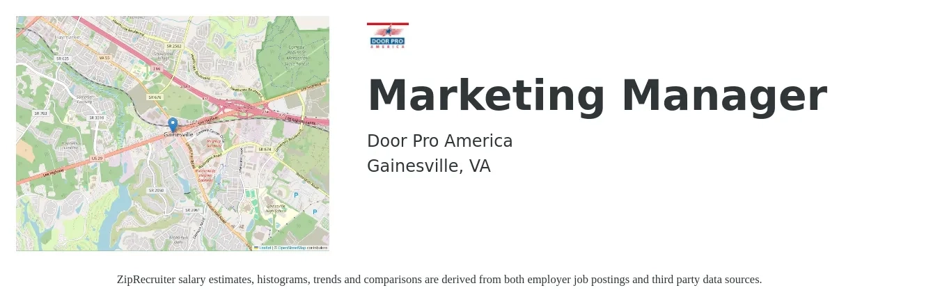 Door Pro America job posting for a Marketing Manager in Gainesville, VA with a salary of $59,200 to $96,800 Yearly with a map of Gainesville location.