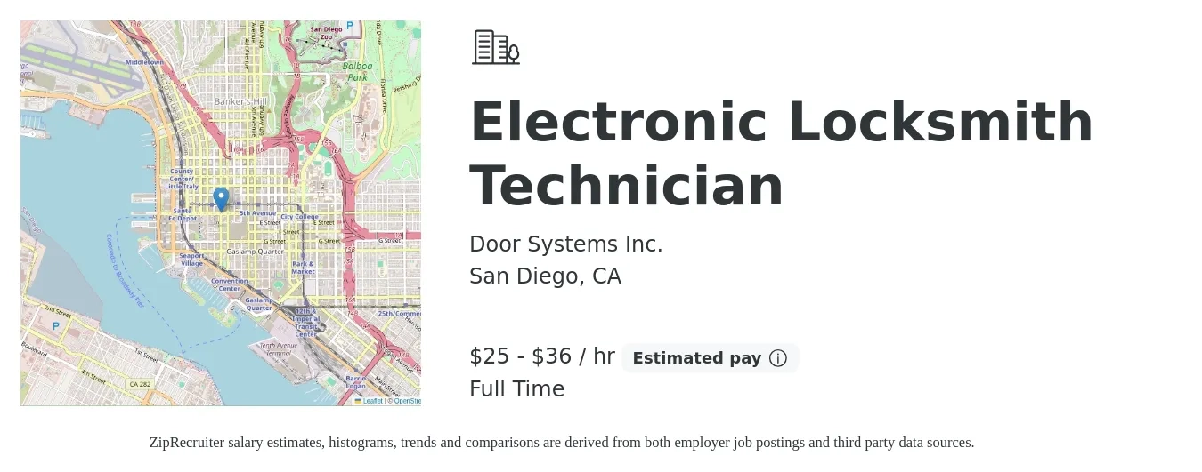 Door Systems Inc. job posting for a Electronic Locksmith Technician in San Diego, CA with a salary of $26 to $38 Hourly with a map of San Diego location.