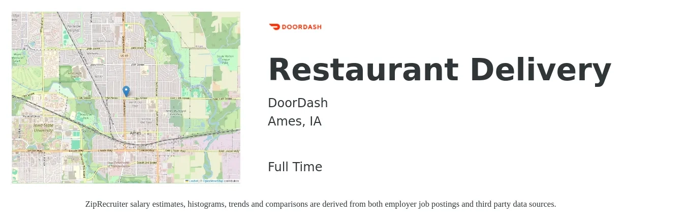 DoorDash job posting for a Restaurant Delivery in Ames, IA with a salary of $12 to $20 Hourly with a map of Ames location.