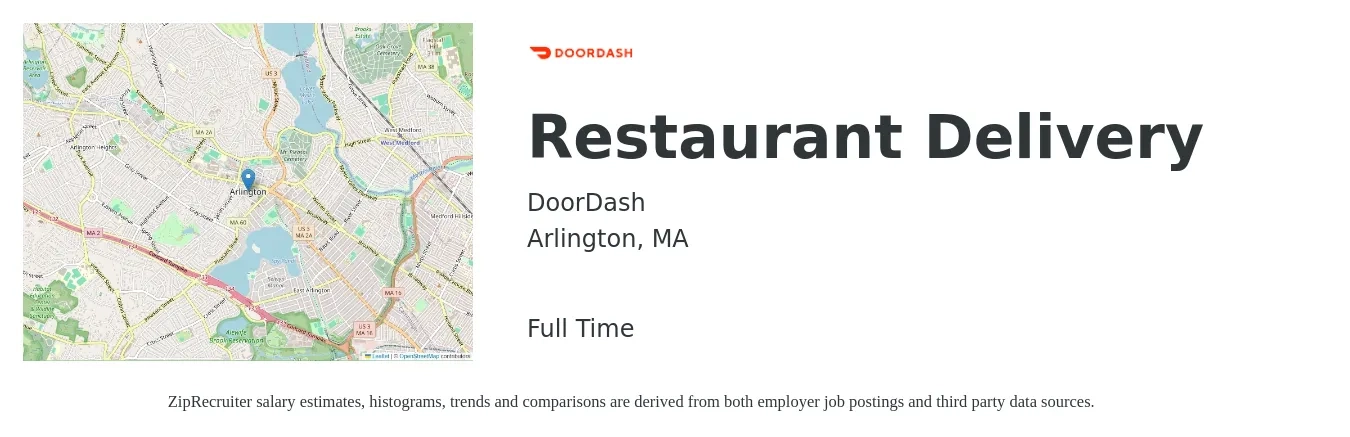 DoorDash job posting for a Restaurant Delivery in Arlington, MA with a salary of $19 to $22 Hourly with a map of Arlington location.