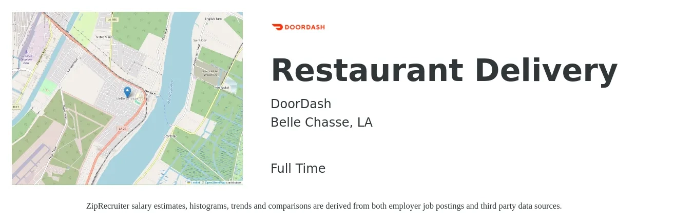 DoorDash job posting for a Restaurant Delivery in Belle Chasse, LA with a salary of $12 to $19 Hourly with a map of Belle Chasse location.