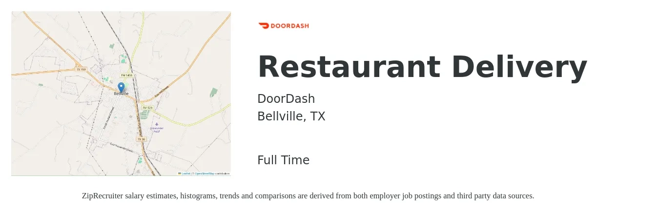 DoorDash job posting for a Restaurant Delivery in Bellville, TX with a salary of $12 to $18 Hourly with a map of Bellville location.