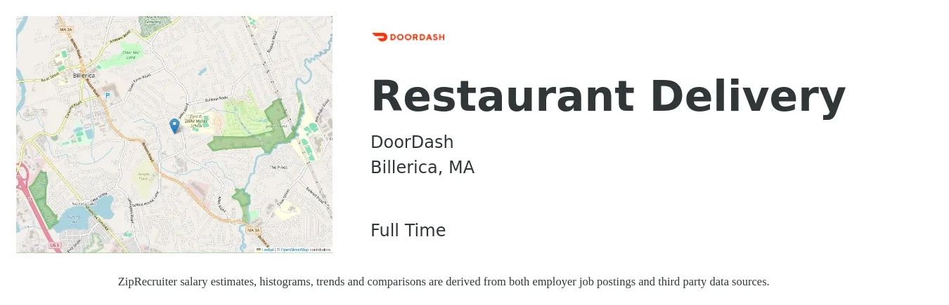 DoorDash job posting for a Restaurant Delivery in Billerica, MA with a salary of $18 to $22 Hourly with a map of Billerica location.