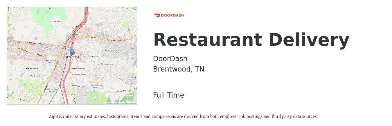 DoorDash job posting for a Restaurant Delivery in Brentwood, TN with a salary of $12 to $19 Hourly with a map of Brentwood location.