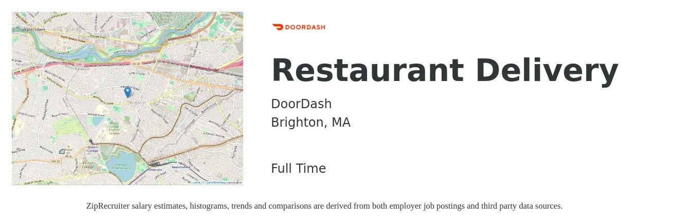 DoorDash job posting for a Restaurant Delivery in Brighton, MA with a salary of $14 to $22 Hourly with a map of Brighton location.