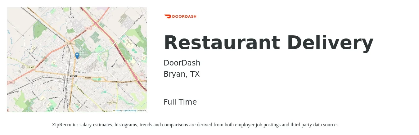 DoorDash job posting for a Restaurant Delivery in Bryan, TX with a salary of $10 to $16 Hourly with a map of Bryan location.