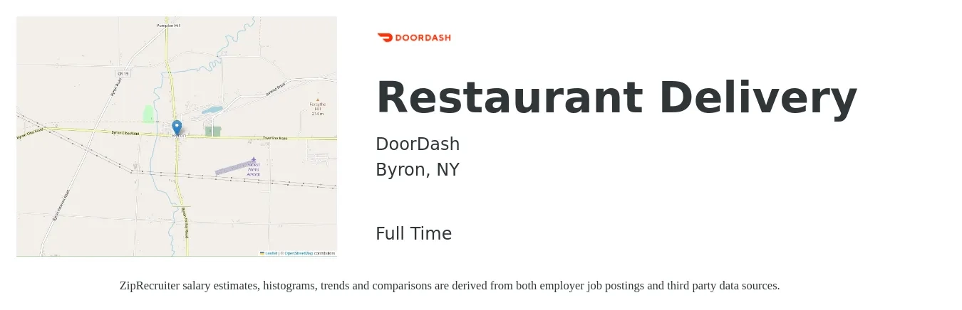 DoorDash job posting for a Restaurant Delivery in Byron, NY with a salary of $12 to $19 Hourly with a map of Byron location.