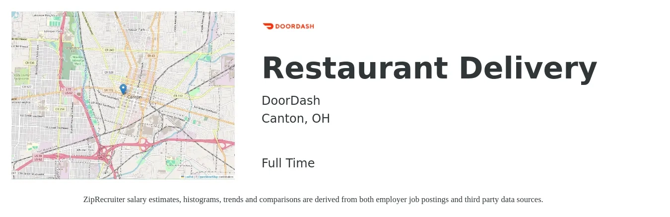 DoorDash job posting for a Restaurant Delivery in Canton, OH with a salary of $12 to $19 Hourly with a map of Canton location.