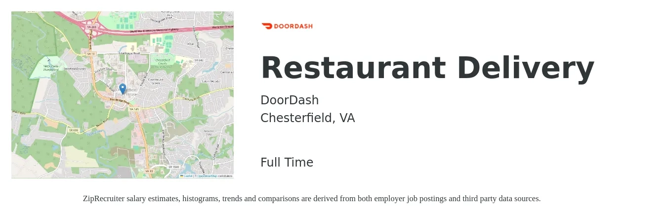 DoorDash job posting for a Restaurant Delivery in Chesterfield, VA with a salary of $13 to $20 Hourly with a map of Chesterfield location.