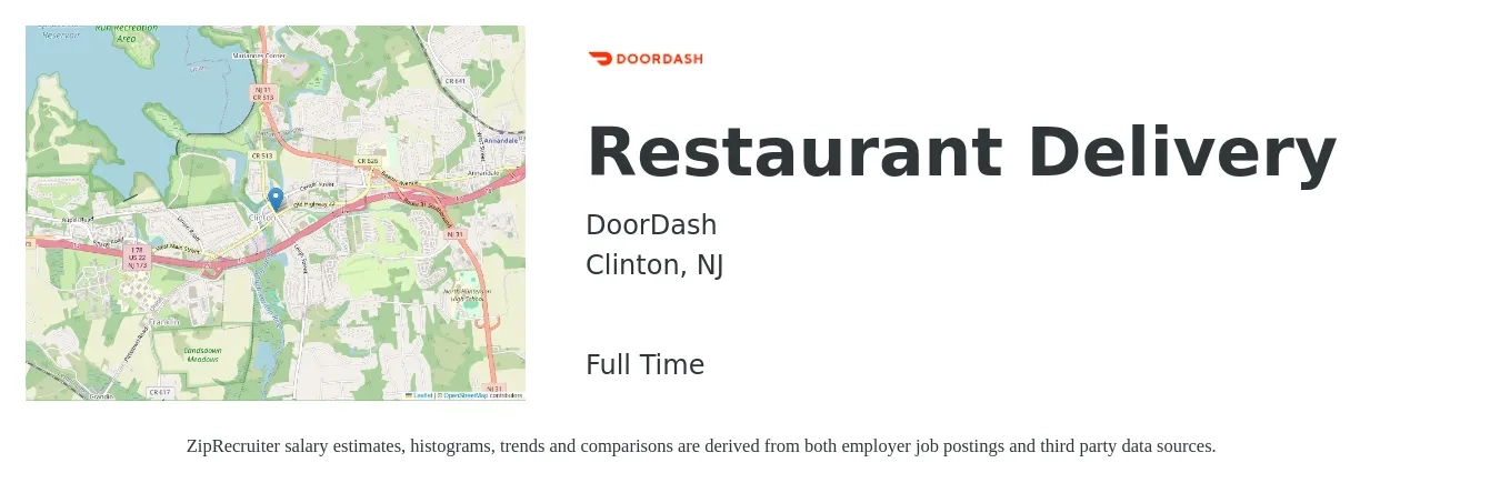 DoorDash job posting for a Restaurant Delivery in Clinton, NJ with a salary of $13 to $21 Hourly with a map of Clinton location.