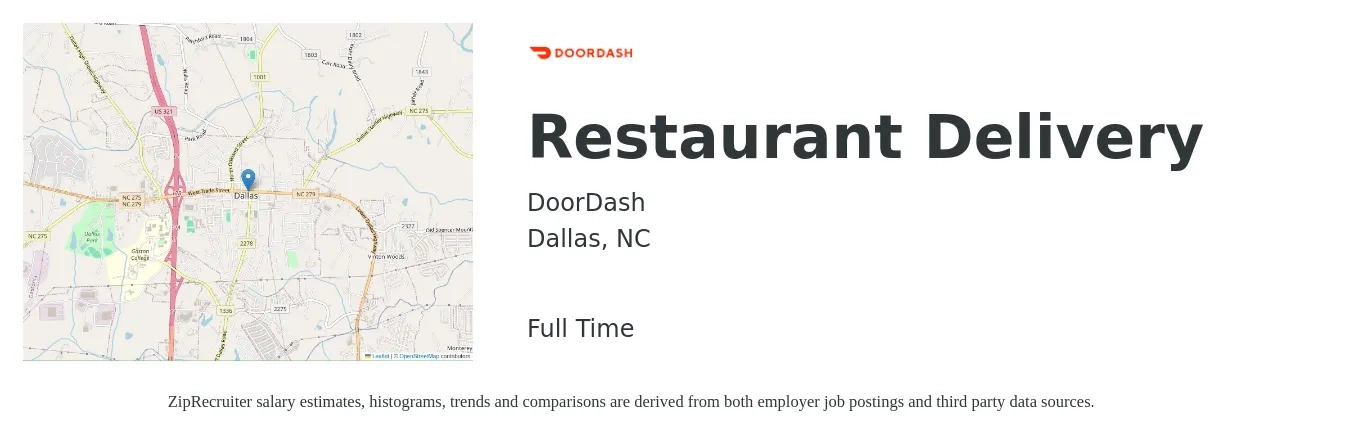 DoorDash job posting for a Restaurant Delivery in Dallas, NC with a salary of $11 to $18 Hourly with a map of Dallas location.