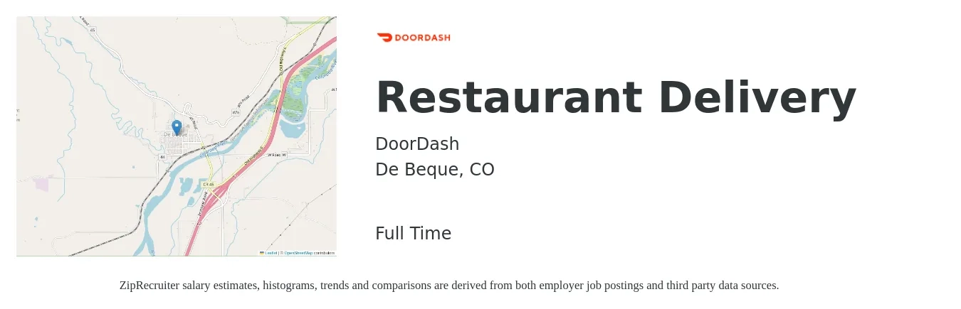 DoorDash job posting for a Restaurant Delivery in De Beque, CO with a salary of $12 to $20 Hourly with a map of De Beque location.