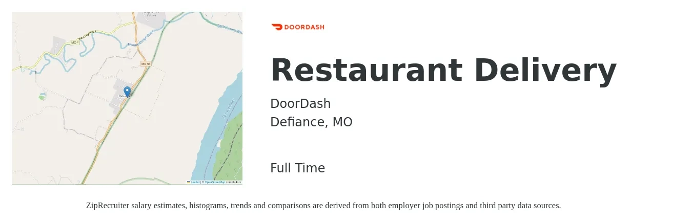 DoorDash job posting for a Restaurant Delivery in Defiance, MO with a salary of $11 to $18 Hourly with a map of Defiance location.