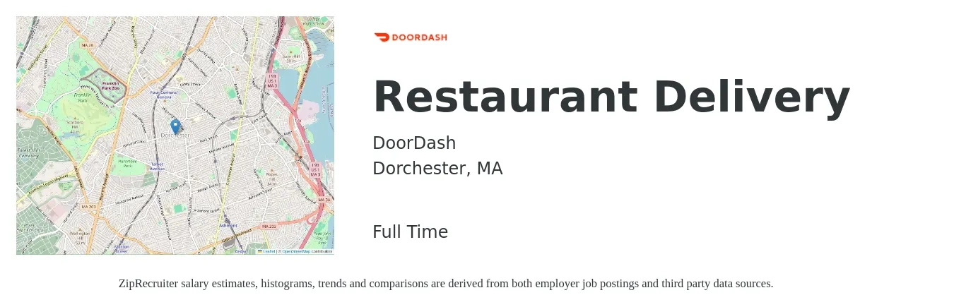 DoorDash job posting for a Restaurant Delivery in Dorchester, MA with a salary of $13 to $21 Hourly with a map of Dorchester location.