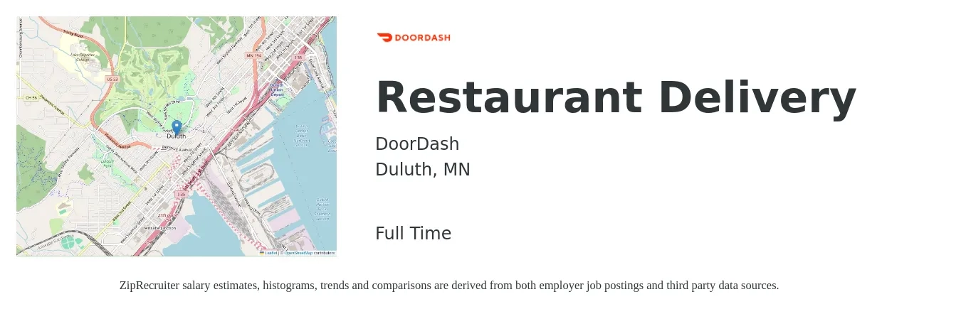 DoorDash job posting for a Restaurant Delivery in Duluth, MN with a salary of $12 to $20 Hourly with a map of Duluth location.