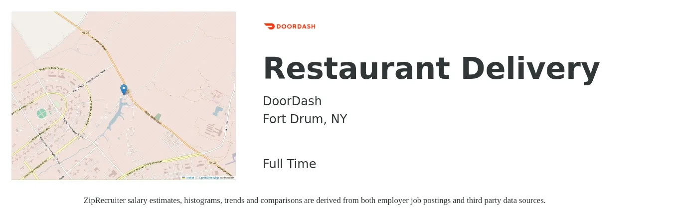 DoorDash job posting for a Restaurant Delivery in Fort Drum, NY with a salary of $12 to $18 Hourly with a map of Fort Drum location.