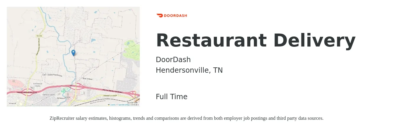 DoorDash job posting for a Restaurant Delivery in Hendersonville, TN with a salary of $12 to $19 Hourly with a map of Hendersonville location.