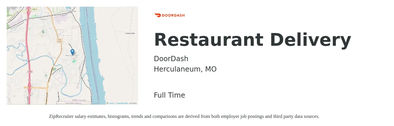 DoorDash job posting for a Restaurant Delivery in Herculaneum, MO with a salary of $11 to $18 Hourly with a map of Herculaneum location.