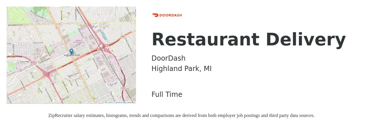 DoorDash job posting for a Restaurant Delivery in Highland Park, MI with a salary of $11 to $18 Hourly with a map of Highland Park location.