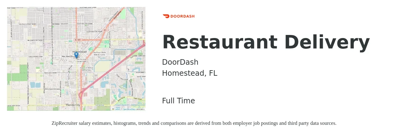 DoorDash job posting for a Restaurant Delivery in Homestead, FL with a salary of $12 to $18 Hourly with a map of Homestead location.