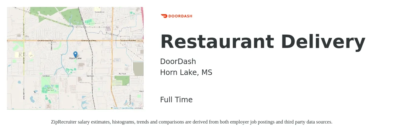 DoorDash job posting for a Restaurant Delivery in Horn Lake, MS with a salary of $12 to $19 Hourly with a map of Horn Lake location.