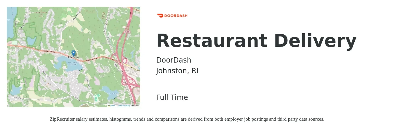 DoorDash job posting for a Restaurant Delivery in Johnston, RI with a salary of $12 to $20 Hourly with a map of Johnston location.