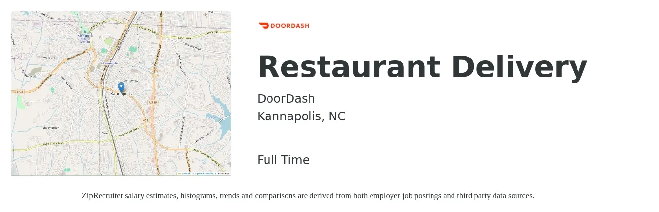DoorDash job posting for a Restaurant Delivery in Kannapolis, NC with a salary of $12 to $20 Hourly with a map of Kannapolis location.