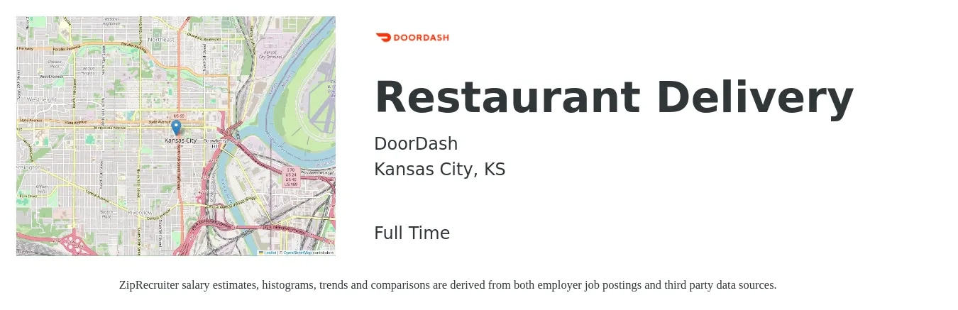 DoorDash job posting for a Restaurant Delivery in Kansas City, KS with a salary of $12 to $19 Hourly with a map of Kansas City location.