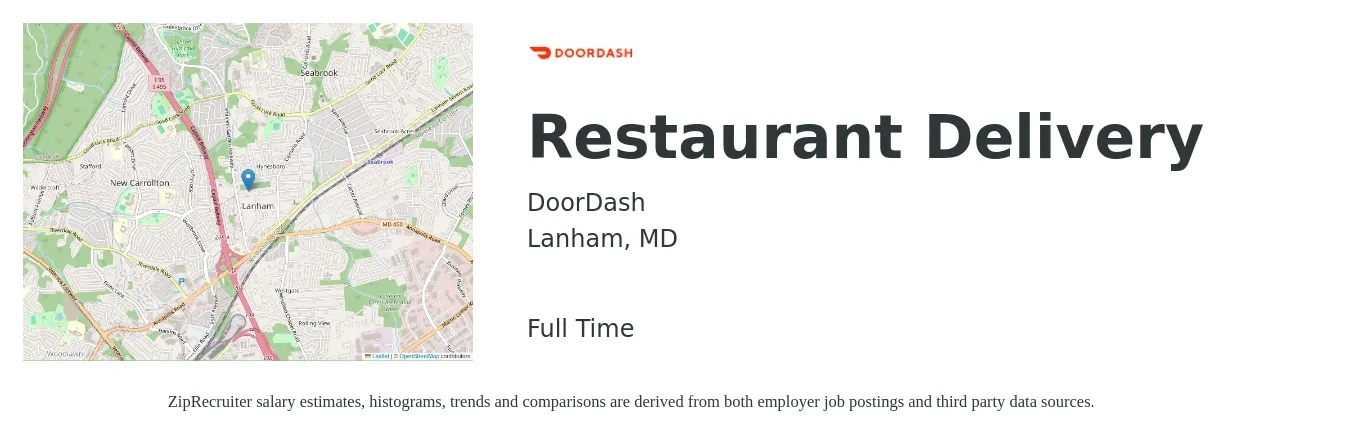 DoorDash job posting for a Restaurant Delivery in Lanham, MD with a salary of $12 to $20 Hourly with a map of Lanham location.