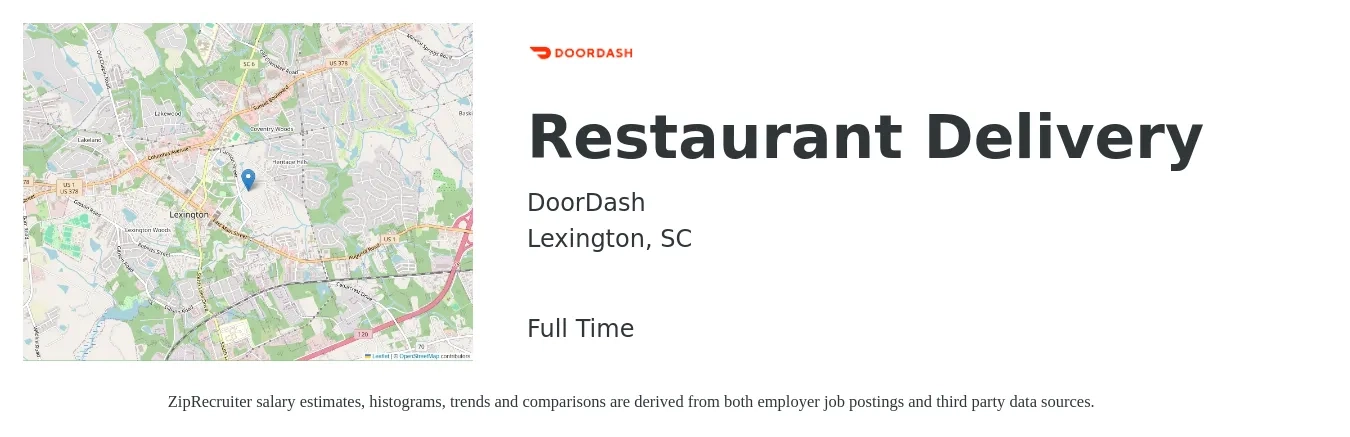 DoorDash job posting for a Restaurant Delivery in Lexington, SC with a salary of $11 to $17 Hourly with a map of Lexington location.